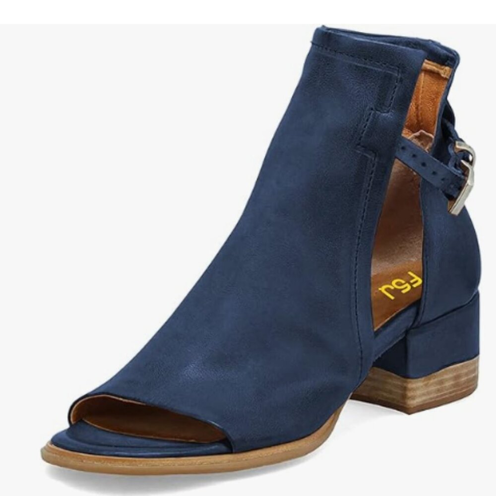 FSJ Blue Peep Open Toe Cut Out Buckle Ankle Bootie Stacked Block Low Heel Shoe